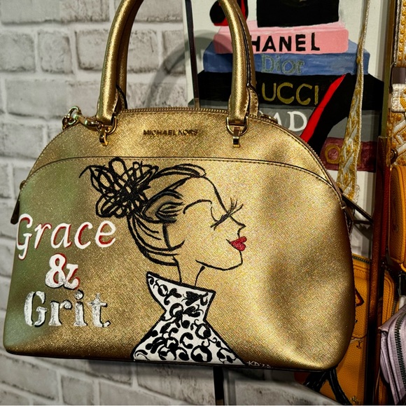 Michael Kors Gold Satchel with Custom Painting Grace an Grit Glamour Girl - Picture 1 of 7
